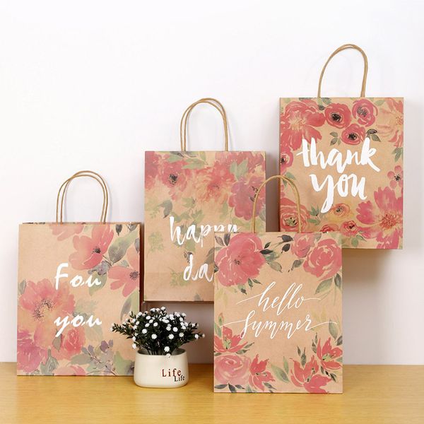 Kraftpapier-Geschenktüte mit Griff, Blumenmuster, Urlaub, Geburtstag, Hochzeit, Gastgeschenke, Tasche, verschiedene Größen
