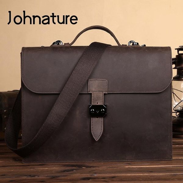 

johnature retro genuine leather men handbag 2020 new first layer cowhide mens business bag briefcase solid color messenger bag