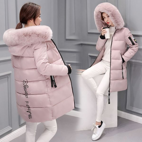 

2019 winter down cotton women long coat parkas thickening female warm clothes rabbit fur collar jacket, Black