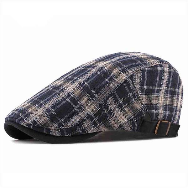 

summer fashion plaid newsboy caps men cotton flat peaked cap women painter beret 07, Blue;gray