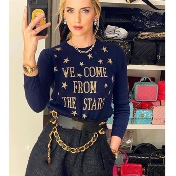 

cosmicchic women stars pullovers 100% wool long sleeve knitted sweater gold star letter jumpers navysweater blue soft knitwear 201128, White;black