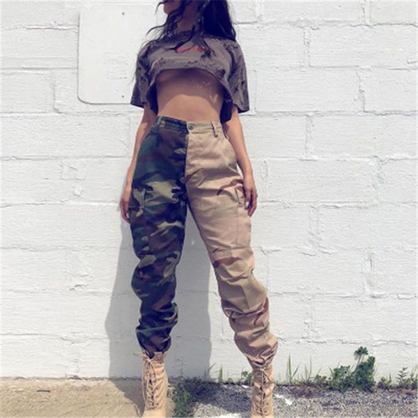 

womens camouflage colorblocked trousers fashion occident trend high waist desert style pants designer new female casual overalls trousers, Black;white