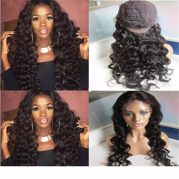 

8a natural hairline mongolian loose wave lace front wig 130 density loose wavy human hair wig, Black;brown
