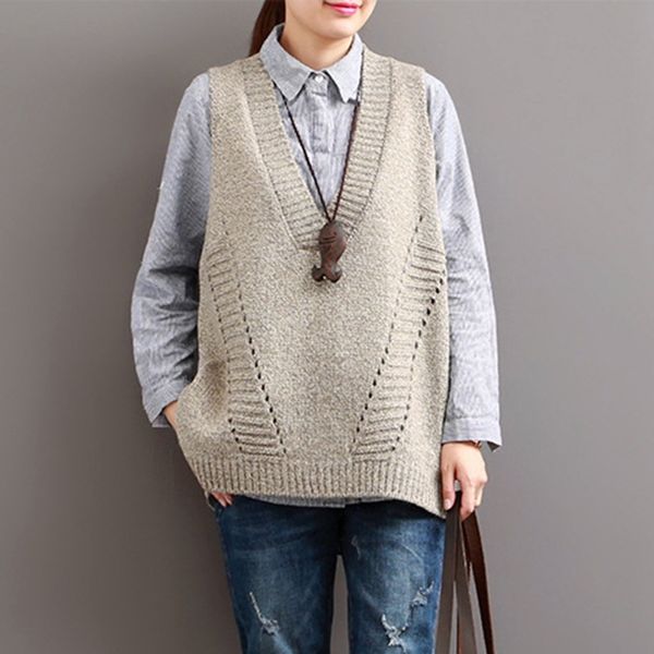 

johnature women sweaters v-neck sleeveless loose autumn new korean fashion hollow out 4 colour casual vest sweaters y201128, White;black