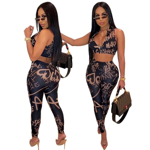 

women two piece clothing sets crop pants trousers tracksuit letters zipper vest tank legging outfits beach sport suit h2504, White