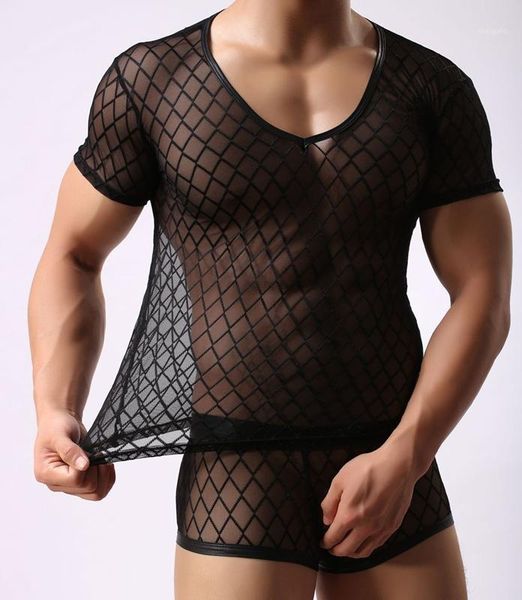 

fashion mens singlet plaid transparent mesh t shirts gay male exotic tshirt club wear fetish sleepwear t-shirt undershirt1, White;black