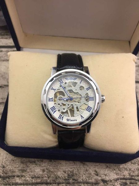 

business winner fashion winner hollow men's automatic manual mechanical belt watch, Slivery;brown