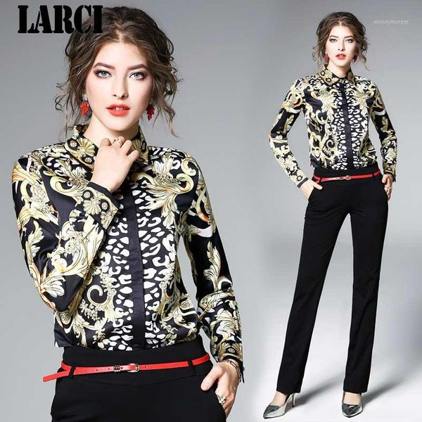 

larci 2018 spring new fashion women turn down collar print shirt office ladies work casual shirts female n36121, White