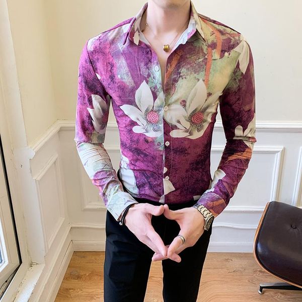 

fashion men floral shirts long sleeve simple spring new 2021 slim fit casual prom blouse homme streetwear 3xl- hot, White;black