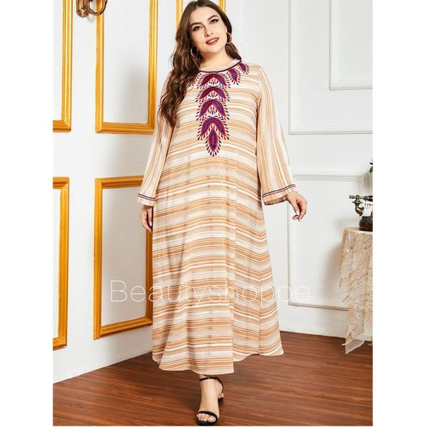 

plus size long sleeve maxi dress for women fall 2020 elegant apricot striped embroidery turkey arabic muslim clothes, Black;gray