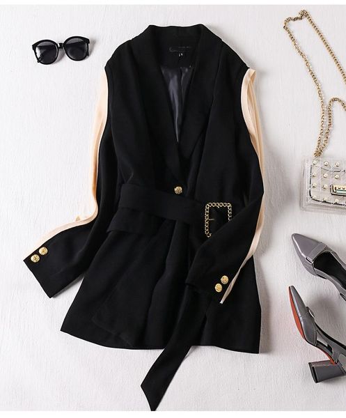 

2020 spring and autumn women blazer black stitching suit female belt retro new fashion british style woman suit, White;black