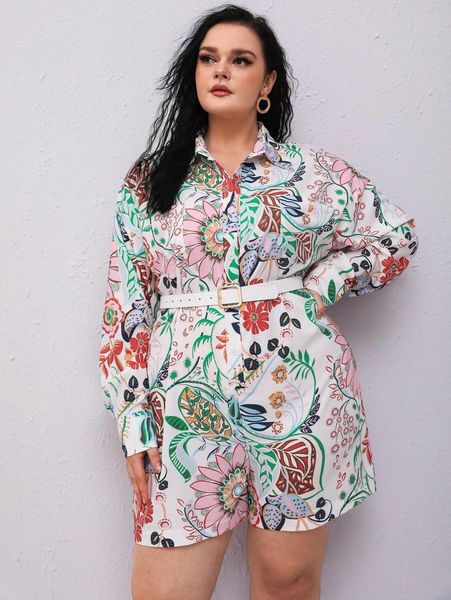 

plus plants print drop shoulder shirt romper without belt p2rl#, Black