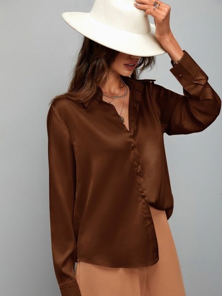 

satin solid button up blouse i9j6#, White