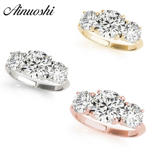 

ainuoshi 925 sterling silver three stones rings 2ct round cut wedding engagement rings for women annversary silver rings jewelry y200106, Slivery;golden