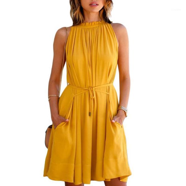 

women summer loose lace-up off shoulder halter with pocket midi sleeveless casual solid1, Black;gray