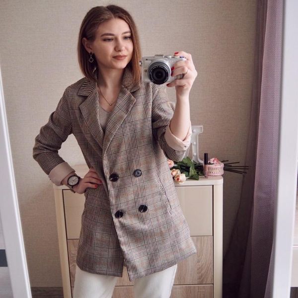 

2020 spring&all office ladies notched collar plaid women blazer double breasted autumn jacket casual pockets female suits coat, White;black