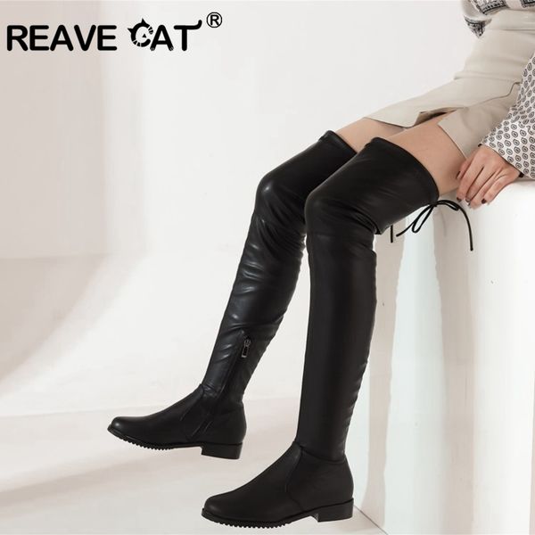 

boots reavecat autumn winter slim stretchy over-the-knee leather 3cm chunky heels flock zipper solid big size 33-43 black a3210