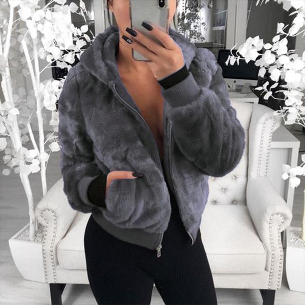 

2019 faux fur coat women with hood new oversize coats high waist female slim fit overcoat winter warm plush jackets outwear, Black