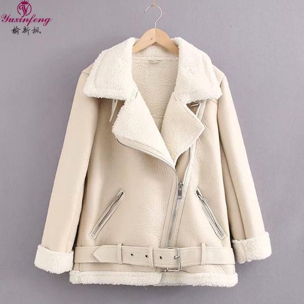 

осень зима женская кожаная куртка мода high street zipper толстые velvet теплый поддельный дубленки женские куртки из овчины, Black