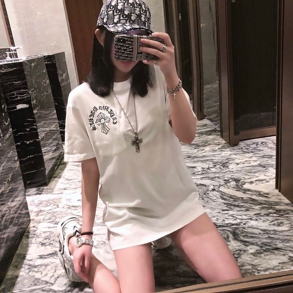 

net outlet red t-shirt women's fashion brand long and medium length couple's summer dress, Black