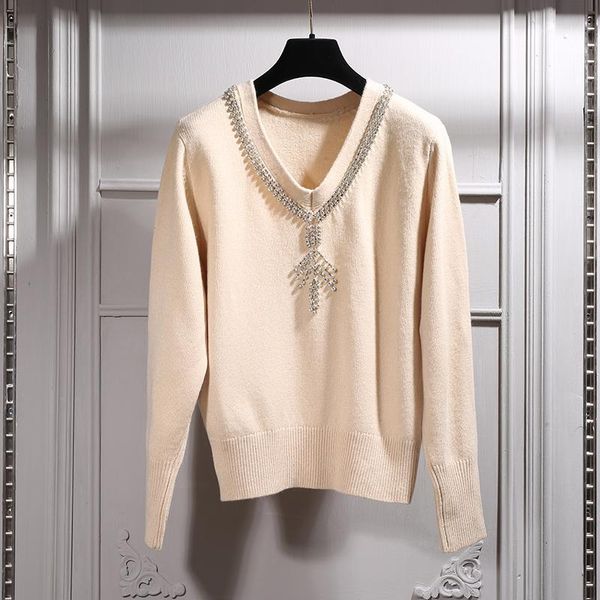 

women's sweaters women sweater 2021 fall winter collection temperament lady v-neck diamond wool joker, White;black