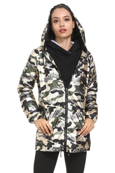

2021 new female metallic camouflage with hood outerwear airtight windproofwinter woman's zipper clothes ahv0, Black