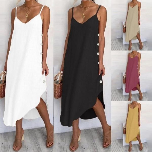 

summer women solid color adjustable straps buttons slitting irregular hem midi sling dress female loose sundress1, Black;gray