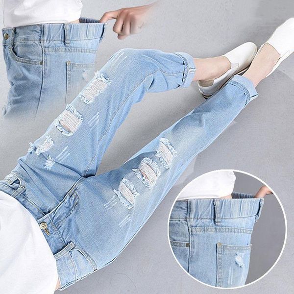 

broken jeans women's elastic waist loose waist joker harlan pants, Blue