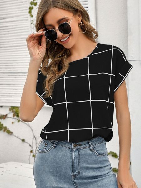 

windowpane plaid rolled cuff blouse h8ds#, White