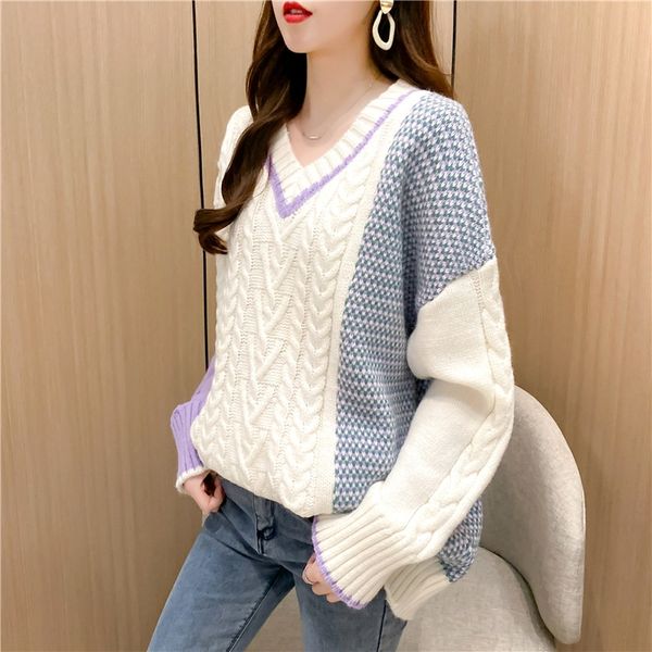 

autumn winter 2020 new fashion and versatile color matching v-neck casual loose t-shirt sweater sweater color contraststyle t-shirt women 8q, White;black