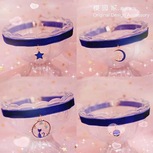 

princess sweet lolita choker beautiful girl cat moon choker necklace lolita collar handmade girl velvet necklace women yyj044, Golden;silver