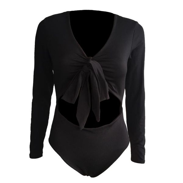 

sexy bowknot bodycon bodysuit с длинным рукавом v-образным вырезом оболочки белый черный красный серый комбинезон женщины тела top lady blus, Black;white