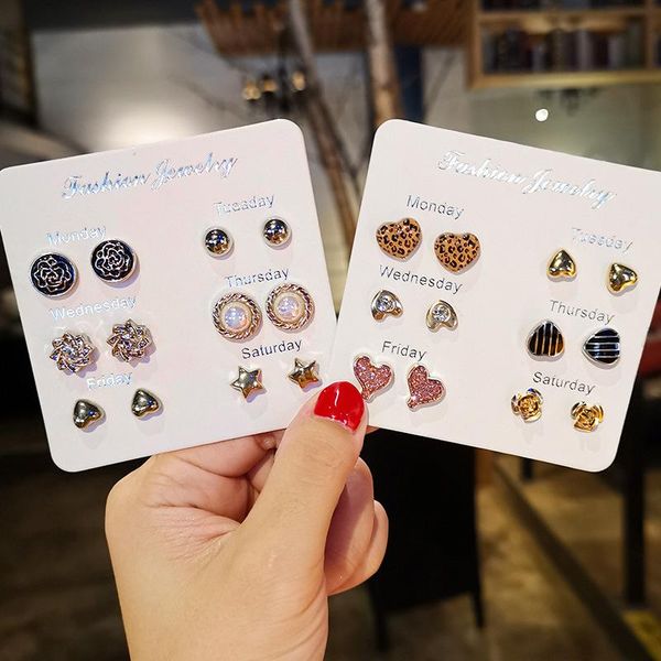 

stud 6 pairs/set, statement earrings set for women fashion moon stars leopard earring crystal heart flower, Golden;silver