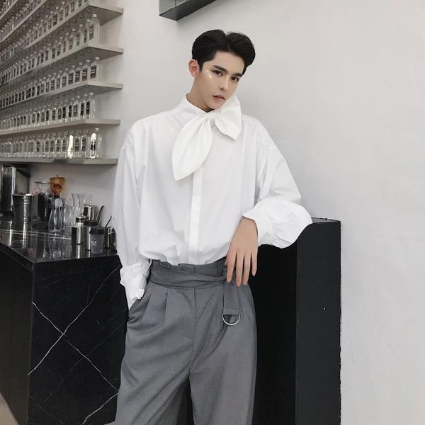 

men's dress shirts spring autumn gothic style vintage fashion casual long sleeve stand-up collar solid color shirt bow loose show, White;black