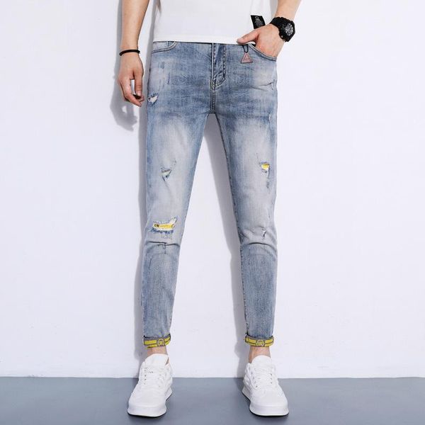

men ripped patch light blue jeans korean style jean slim fit stretch denim ankle-length pants 2020 fashion summer trousers1