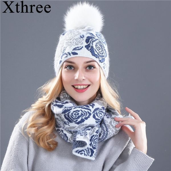 

xthree winter hat scarf for women girl's beanie wool knitted hat scarf set and big real mink fur pom pom y200102, Blue;gray