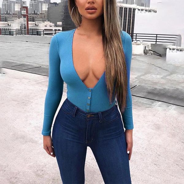 

deep v-neck bodysuit women fashion new long sleeved knitted bottoming shirt cotton solid color female basic bodysuits, Black;white