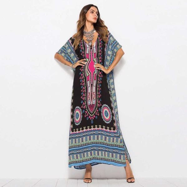

ethnic clothing 2021 summer bohemian print batwing sleeve women maxi dress moroccan kaftan dubai arab gown kanga vkdr1662, Red