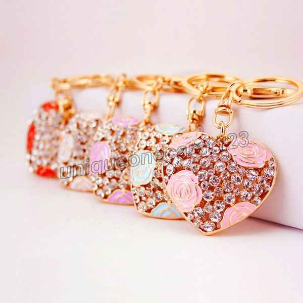 

fashion hollow love heart key chains bling crystal keychain for women car pendant statement rhinestone jewelry bag key chains, Slivery;golden