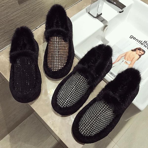 

women's shoes retro fur single shoes flat2020autumn and winter new fashion rhinestone cotton, Black