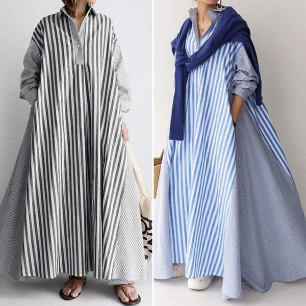 

elegant lapel robe women's autumn sundress zanzea 2021 casual long sleeve maxi vestidos female striped shirt dress plus size 5xl, Black;gray