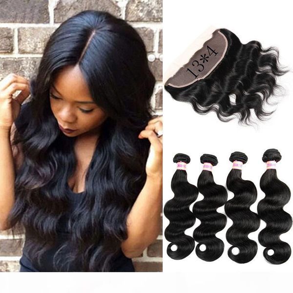 

ear to ear lace frontal brazilian virgin human body wave hair weaves bundles with frontal 13*4 lace frontal with bundles, Black;brown