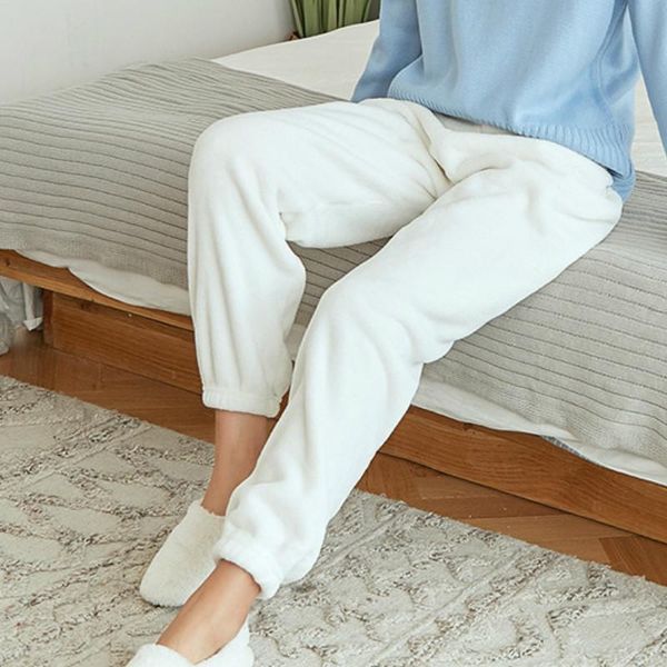 

women casual home nightwear long trousers solid elastic high waist velvet pants fall winter warm bottoms clothes pajamas clothes, Black;white