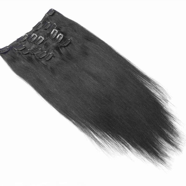 

brazilian remy straight hair clip in human hair extensions natural color 7 pieces set full head sets 120g 160g 200g, Black;brown