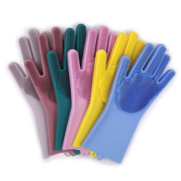 

1pair magic sile cleaning gloves with brushes kitchen household dishwashing gloves for washing dishes rubber spong bbymhj