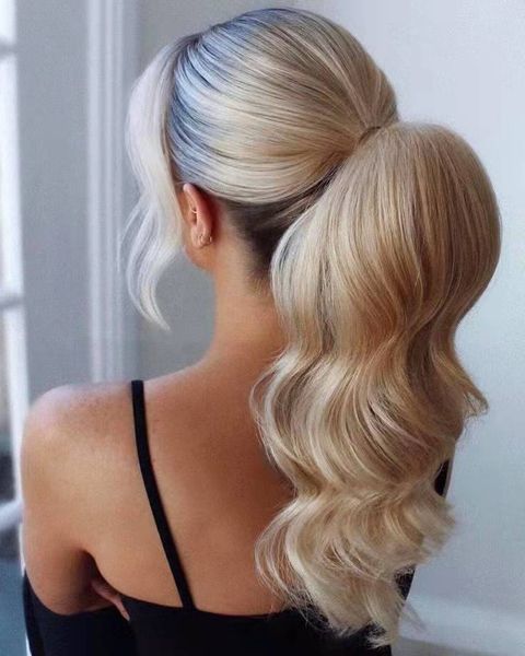 

european drawstring human ponytail 613 white blonde modern pony tail cuticle aligned raw virgin blond clip in wraps around wavy ponytails ha, Black
