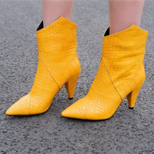 

boots women pointed toe sewing slip-on spike high heels crocodile pattern pu runway ankle cowboy for, Black