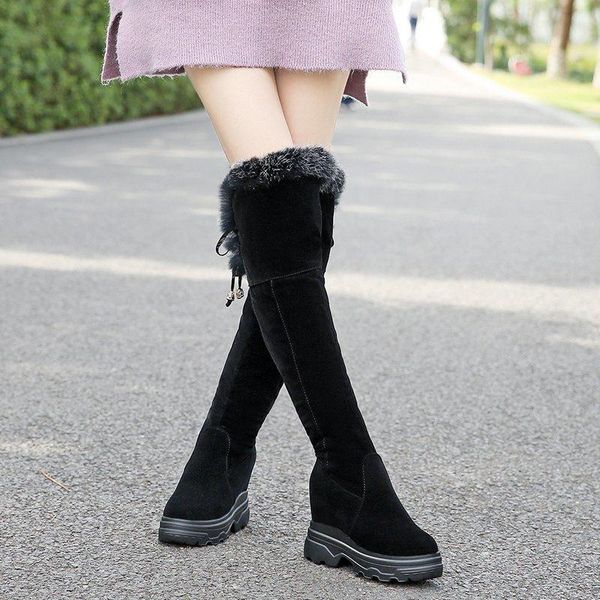 

fur over the knee boots lace up women shoes wedge thigh high boots winter hidden heel black long women botas altas mujer