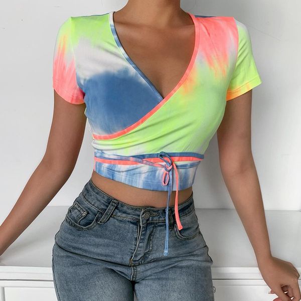 

summer holiday colorful dye print women vest v neck short sleeve bandage slim crop fashion t-shirt cami streetwear