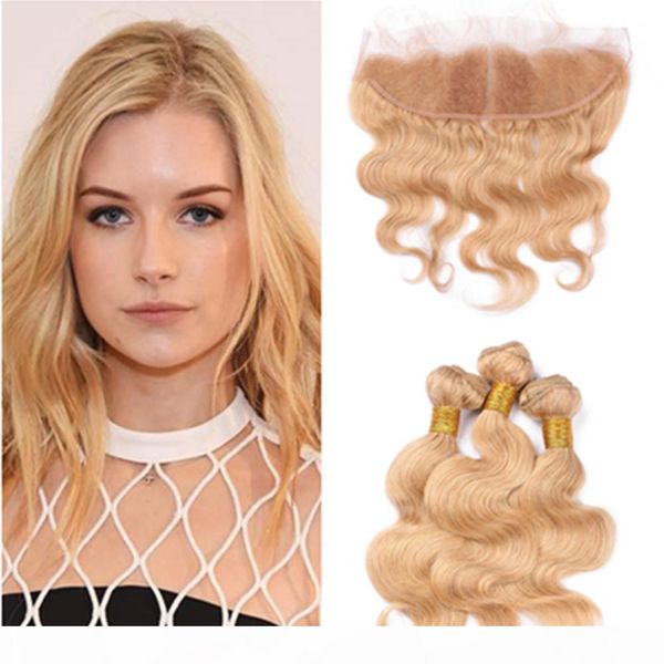 

#27 brazilian honey blonde human hair with lace frontal middle part body wave strawberry blonde 13x4 full lace frontal closure with 3bundles, Black;brown